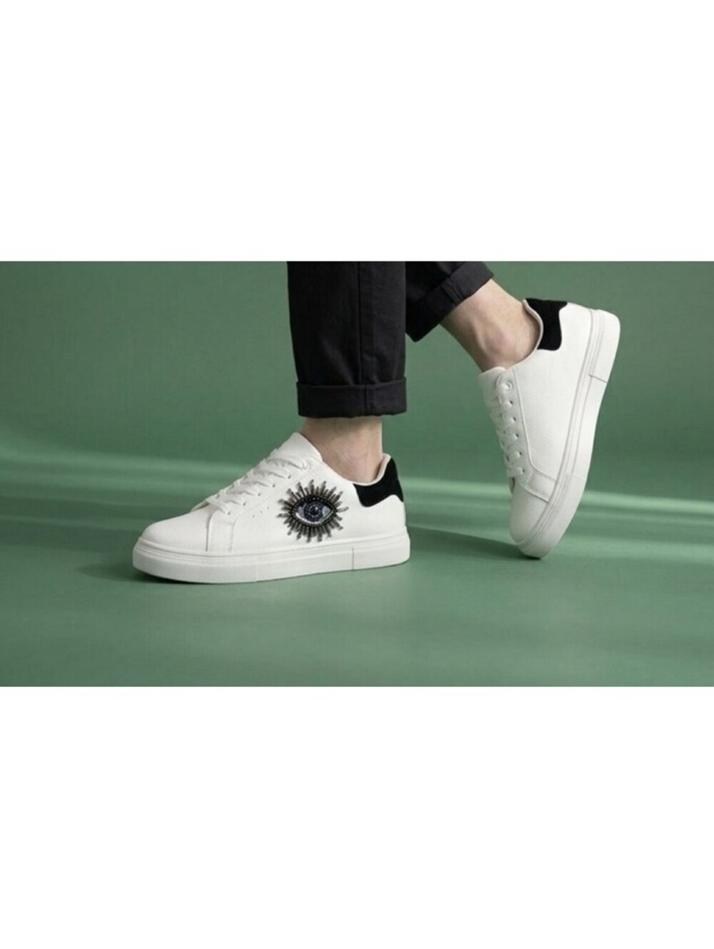 Kurt Geiger White Leather Sneakers with Black Heel and Gem Cluster Size US 5